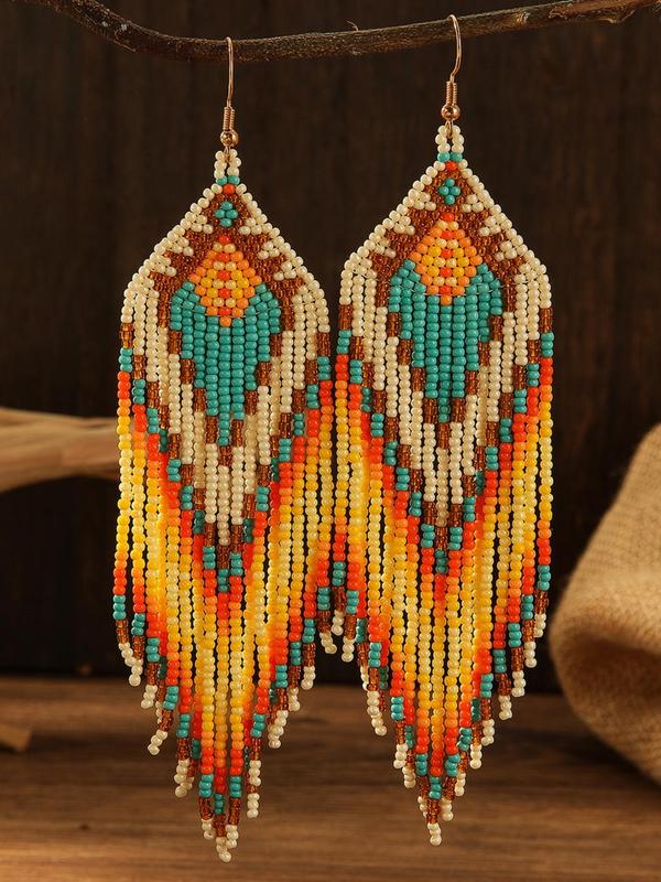 Women's Boho Style Beaded & Tassel Design Dangle Earrings, 1 Pair Fashion Retro Dangle Earrings for Party, Daily Decor, Trendy All-match Vintage Jewelry As Birthday Gift for Women & Girls