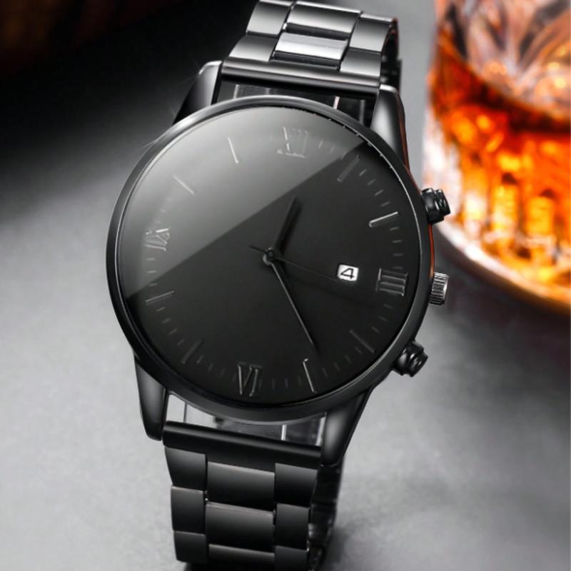 4pcs Men's Quartz Watch Set With Calendar Function - Non-Waterproof Black Zinc Alloy Case & Bracelet, Round Dial, Electronic Drive & Pointer Display, Including Cross Pendant Necklace & Ring