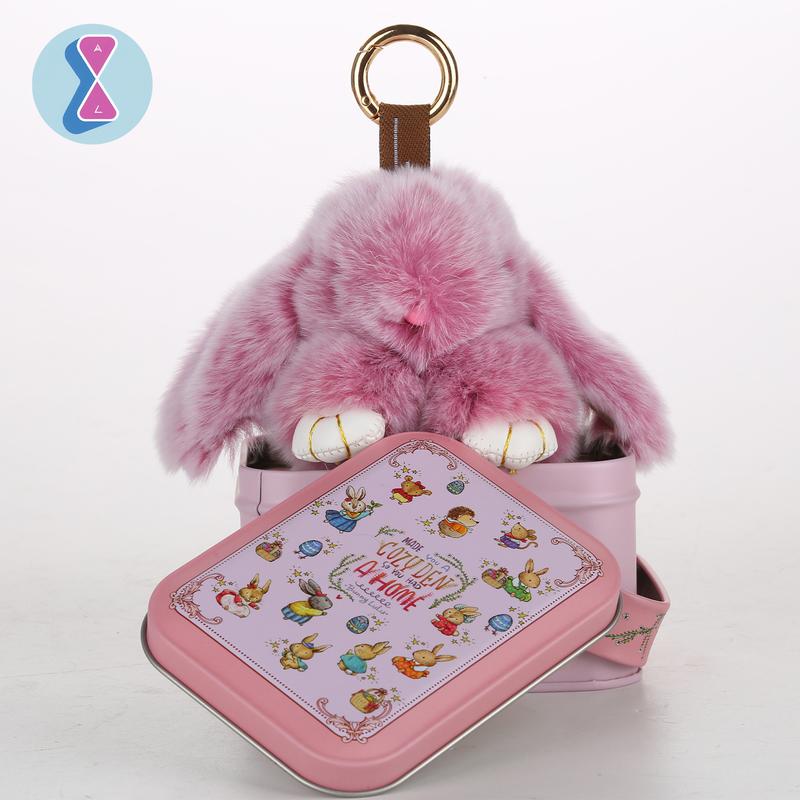 Bunnylulu Handmade Fluffy BunnyPomPom Keychain with Designed Tin Box,Gifts for Christmas present,woman key perfect gift fashion keychain,gifts for mom