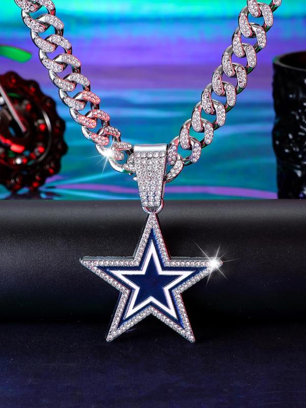 Ice Out Bling Rhinestone Hip Hop Star Charm Pendant Necklace, Durable Adjustable Cuban Chain Necklace, Perfect Gift for Eid, Fall Festival, Birthday, Anniversary, for Fall