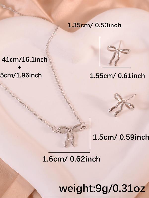 Women's Elegant Bowknot Design Jewelry Set, Exquisite Trendy Pendant Necklace & Earrings, Chic Jewelry Set for Party & Daily Clothing Decor