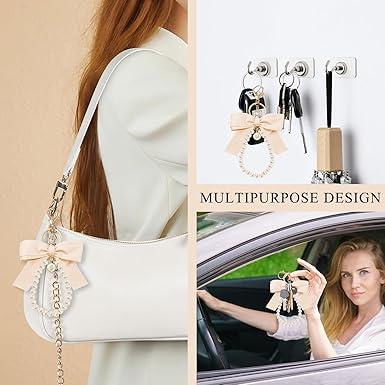 Initial Letter Cute Coquette Bow Keychain for Women, Wristlet Simulated Pearl Keychains Bag Charms for Handbags