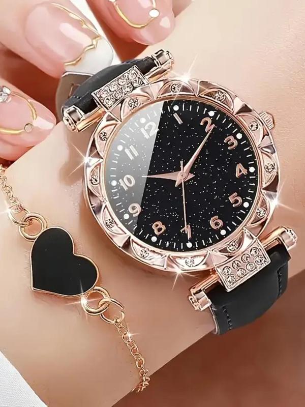 Women's Elegant Fashion Watch & Heart Charm Bracelet Set, Vintage All-match Watch Set for Women As Gift, Trendy Exquisite Watch Set for Birthday Gift, without Box