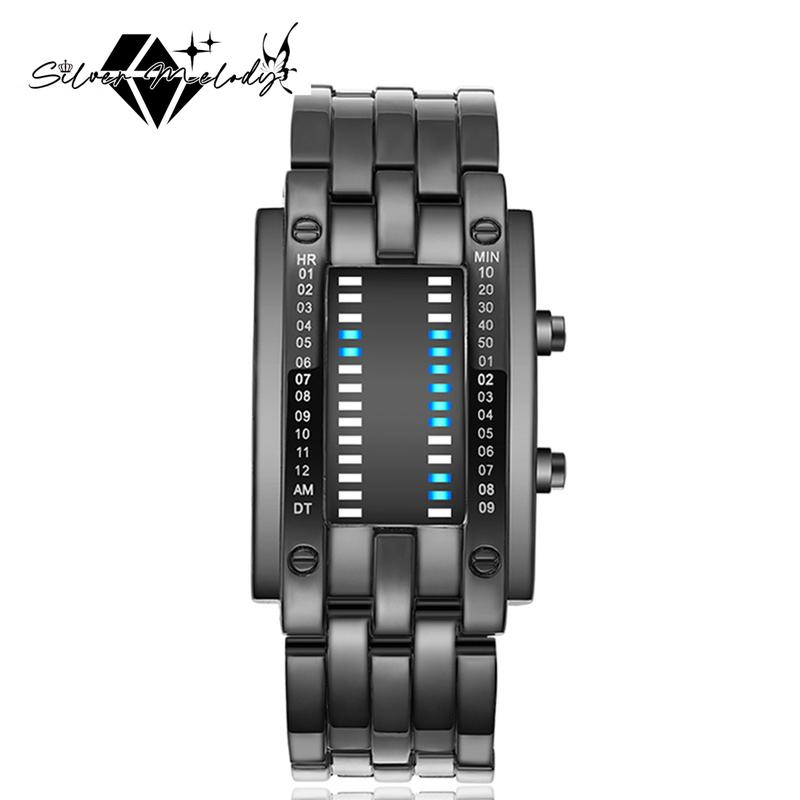 SMelody Fashion Mens Binary Sports Watch Digital LED Matrix Waterproof Outdoor Casual Black Bracelet Square Blue Backlit Watches