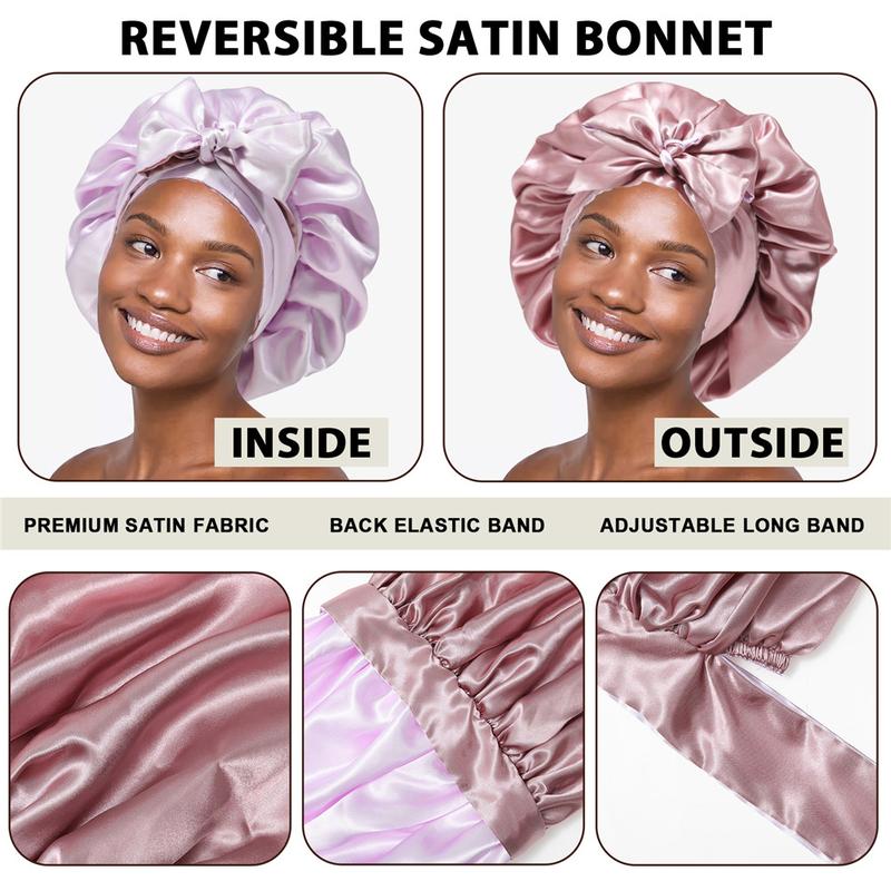 Double-Layer Solid Color Satin Bonnet Silk Like Texture Sleeping Cap for Women Curly Hair Wrap Adjustable Reversible with Tie Band Nightcap Bonnets