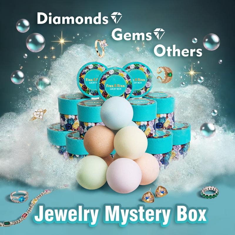 Fizz & Rizz Jewelry Mystery Box With Random Diamonds, Gems, Rings Necklaces, Earrings, Bracelets - Perfect for Birthdays, Weddings, Friends and Party Gifts - Luxury Jewelry Mystery Box with Bath Bomb Reveal