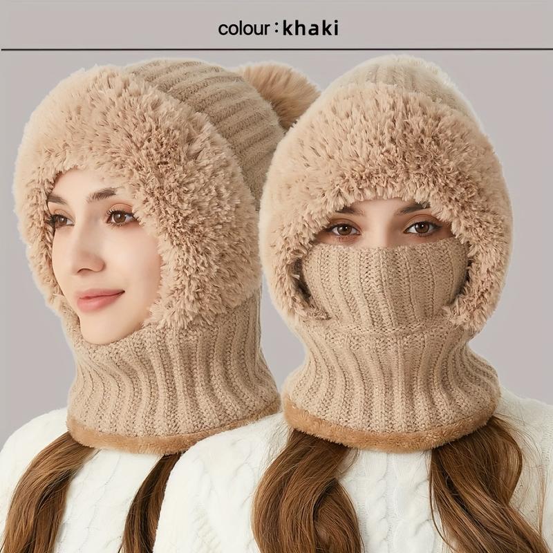 Winter Fleece Lined Knitted Hat with Ear Covers 3 in 1 Winter Hat Scarf Mask Set Windproof Warm Hooded Neck Warmer for Outdoor Cycling