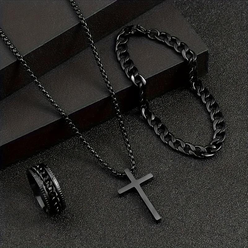 3sets men's fashion alloy cross pendant necklace + bracelet + ring set