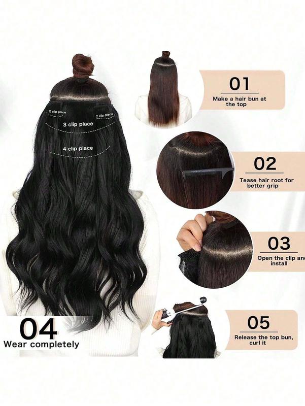 18-30 Inch Long Wavy Clip-In Hair Extensions 7PCS Set Thick Synthetic Fiber Black