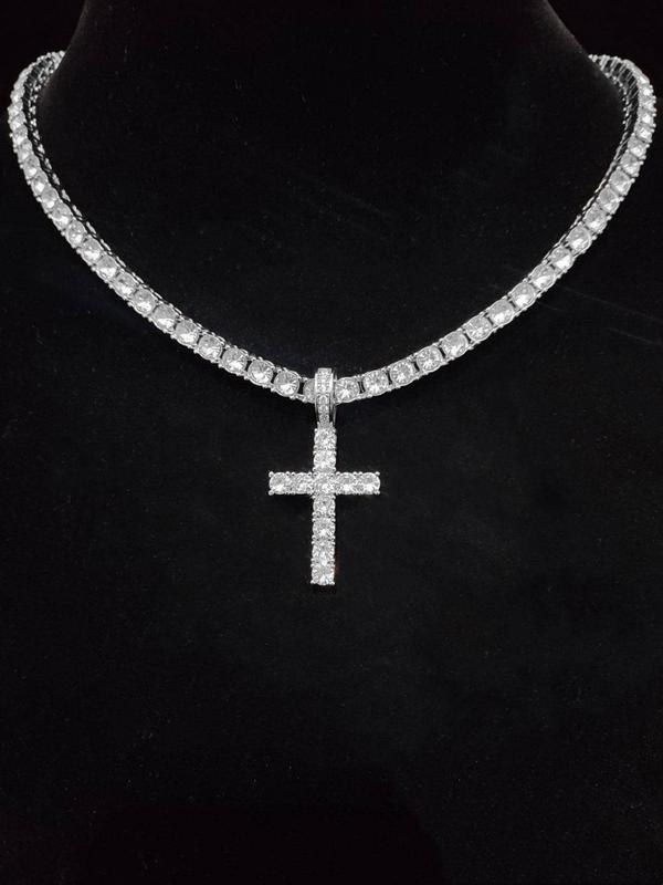 Y2k 2024 Hip Hop Luxury Rhinestone Cross Necklace, Unisex Cuban Link Chain Necklace, Spring Iced Out Jewelry, Streetwear Punk Accessories for Girlfriend Fall