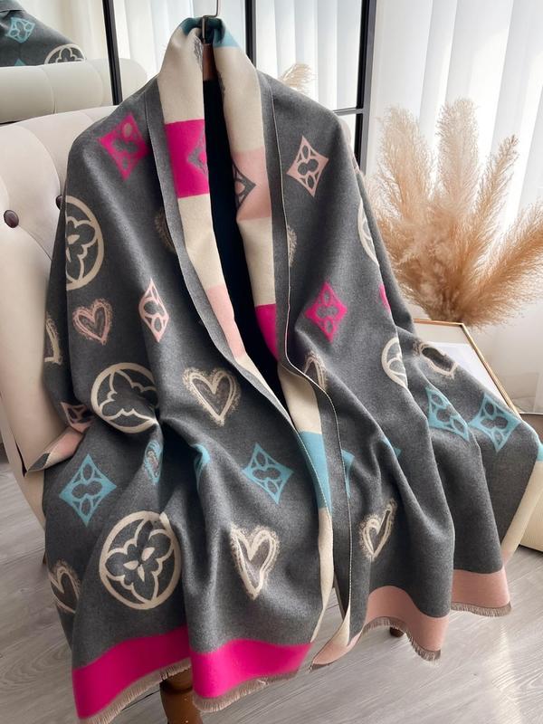 Women's Heart & Floral Pattern Tassel Decor Scarf, Casual Soft Warm Shawl for Fall & Winter, Fashion Accessories for Daily Wear