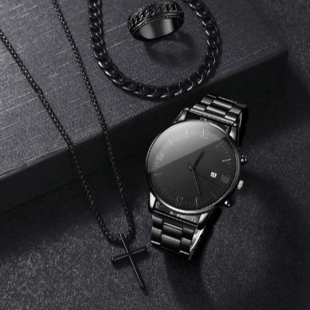 Fashionable 4pcs Men's Quartz Watch Set With Calendar Function - Non-Waterproof Black Zinc Alloy Case & Bracelet, Round Dial, Electronic Drive & Pointer Display, Including Cross Pendant Necklace & Ring Ideal Birthday Gift For Him