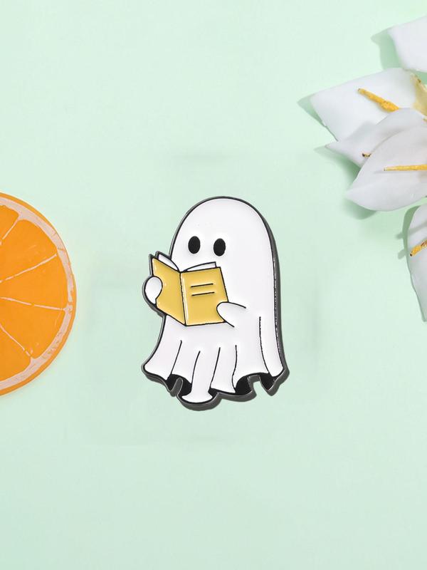 Cute Ghost Reading Book Design Brooch, Halloween Themed Alloy Badge for Daily Clothing Decor, Trendy All-match & Exquisite Brooch for Birthday Gift