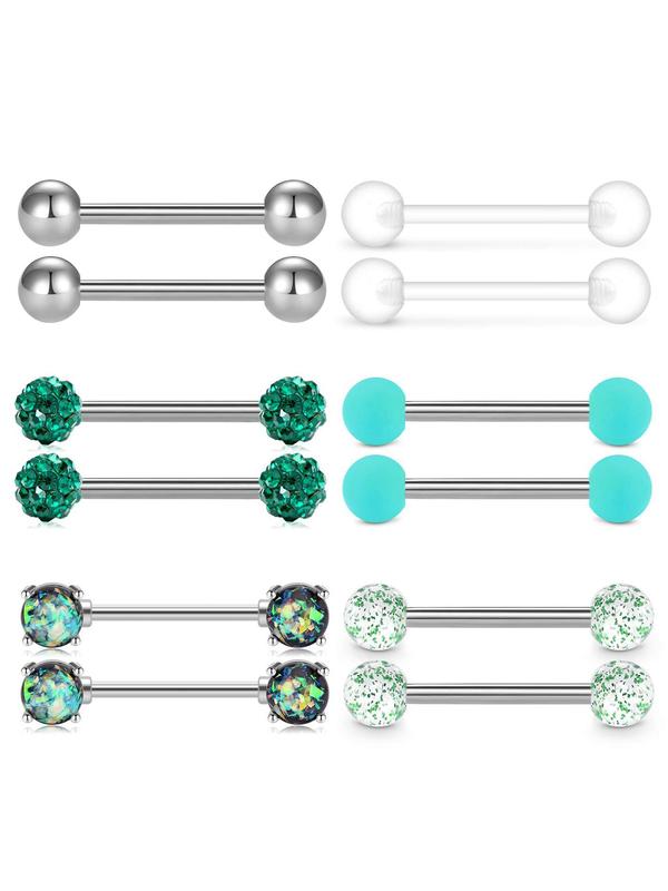 Mixed Style Rhinestone Decorated Tongue Studs Nipple Studs, 12pcs Stainless Steel Body Piercing Jewelry, Fashion Body Jewelry for Women & Men