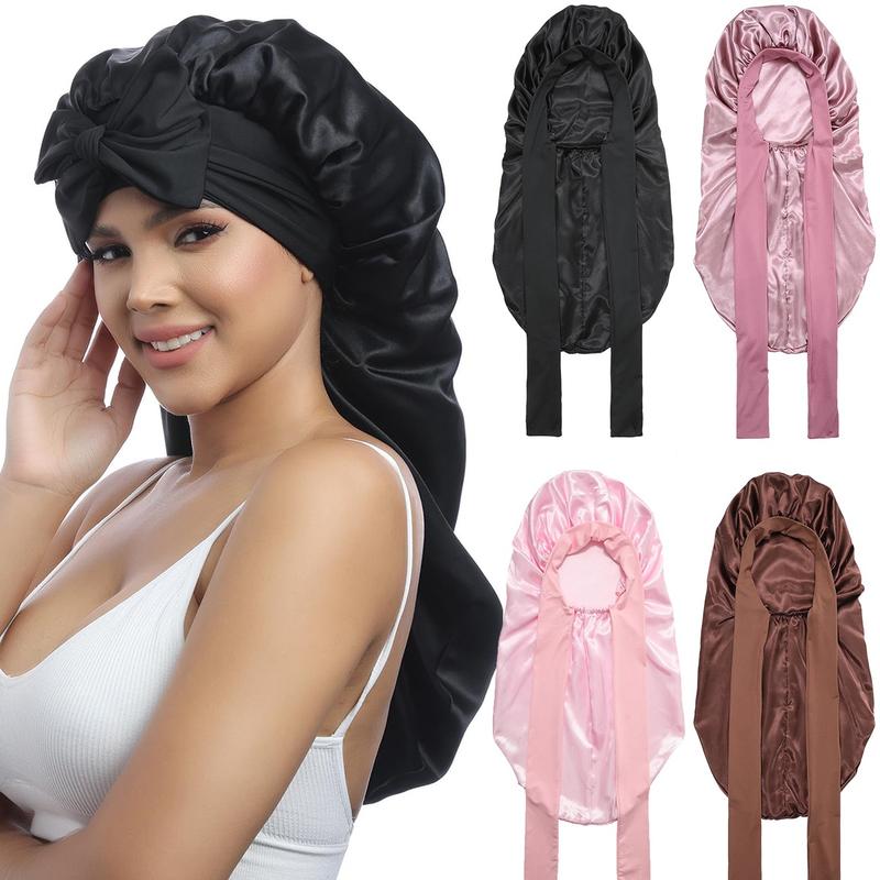 AWAYTR Long Single Layer Satin Bonnet Silk Like Hair Bonnets for Women Sleeping Cap for Hair with Elastic Tie Band Hair Care Cap