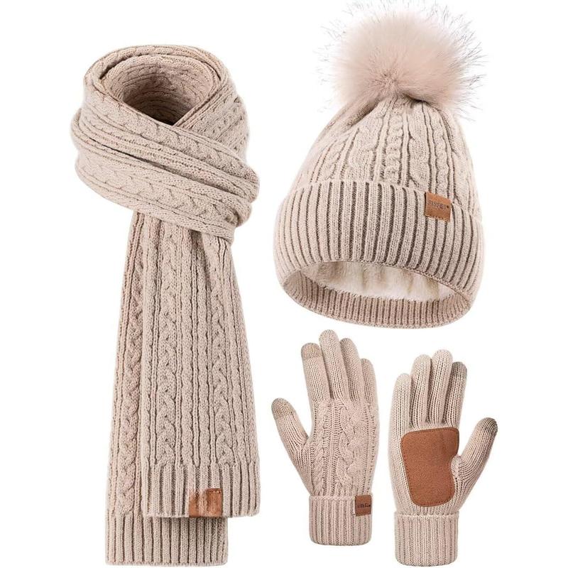 Winter Beanie Hat Scarf Gloves Set for Women, Pom Pom Beanie Fleece Lined Knit  Warmer Touchscreen Gloves 3 in 1 Gift Set