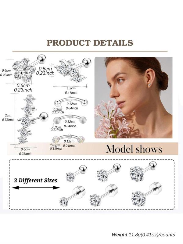 Mixed Style Rhinestone Decor Earrings Set, Stainless Steel Helix Piercing Tragus Earrings, Fashion Piercing Jewelry for Women & Men