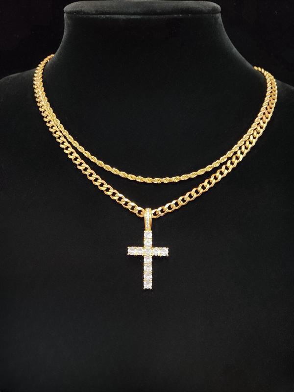 Summer Street Rhinestones Decor Cross Pendant Necklace & Chain Necklace, 2 Counts Trendy Women's Summer Accessories Fall 2024, Matching Chic Necklaces for Anniversary Gift