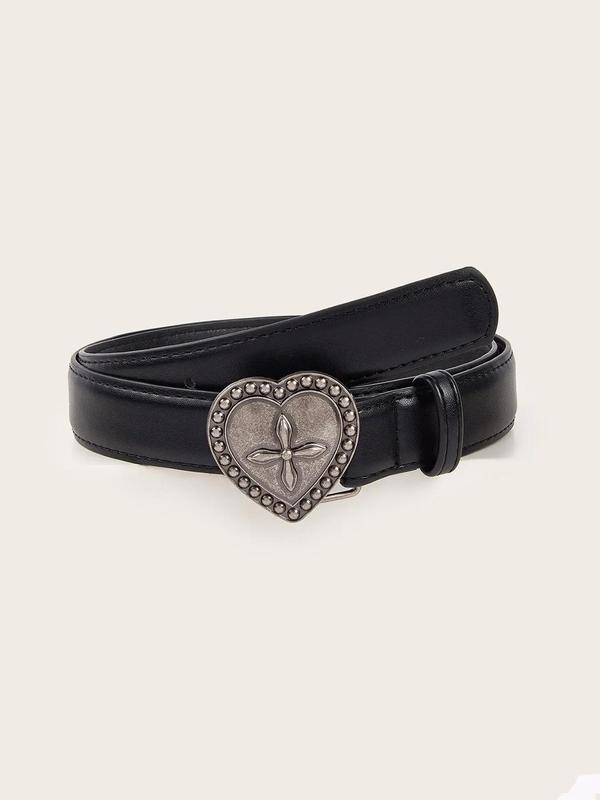 Women's Heart Decor PU Buckle Belt, Vintage Rivet Studded Embossed PU Leather Belt, Gothic Jeans Pants Waistband