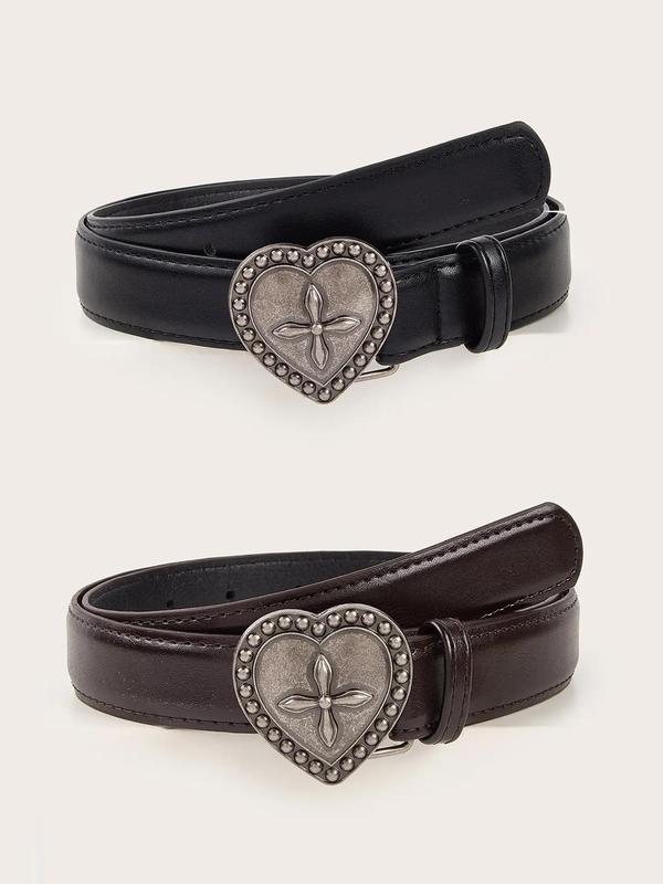 Women's Heart Decor PU Buckle Belt, Vintage Rivet Studded Embossed PU Leather Belt, Gothic Jeans Pants Waistband