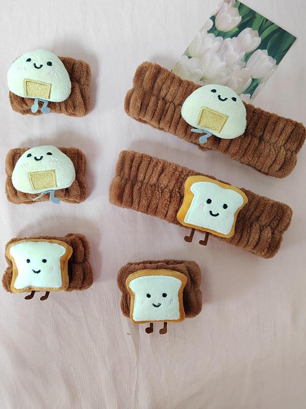 Cute Cartoon Toast & Rice Roll & Bear Design Hair Band & Wristband Set, Sweet Plush Hair Accessories Set for Women & Girls, Fashion Hair Accessories