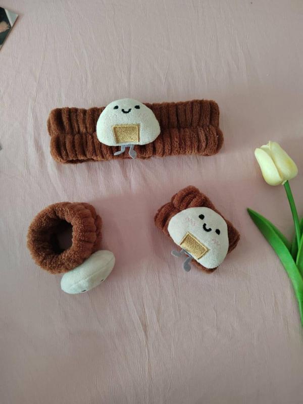 Cute Cartoon Toast & Rice Roll & Bear Design Hair Band & Wristband Set, Sweet Plush Hair Accessories Set for Women & Girls, Fashion Hair Accessories