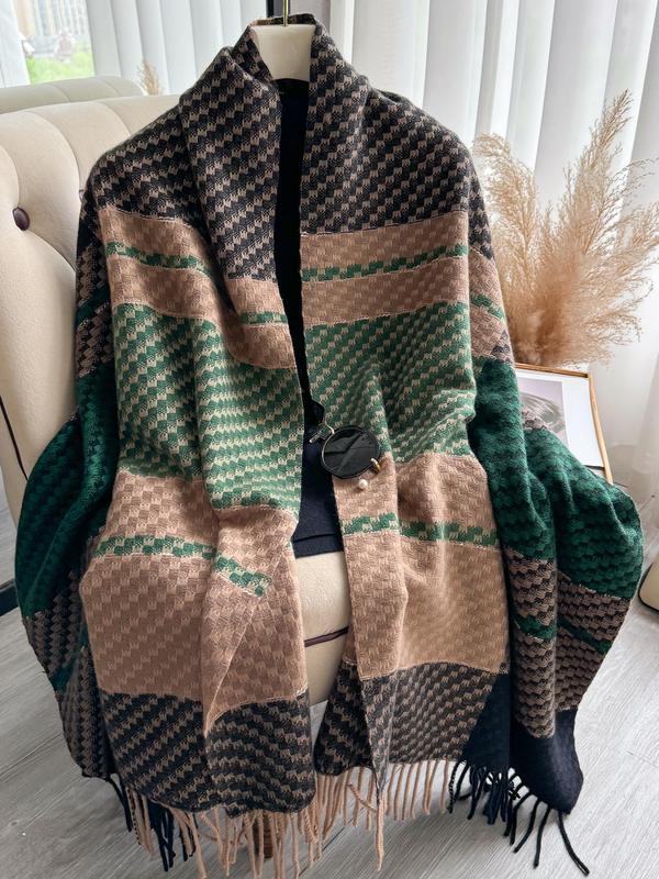 Women's Plaid Pattern Tassel Decor Shawl, Casual Soft Warm Thick Scarf for Fall & Winter, Fashion Accessories for Daily Wear