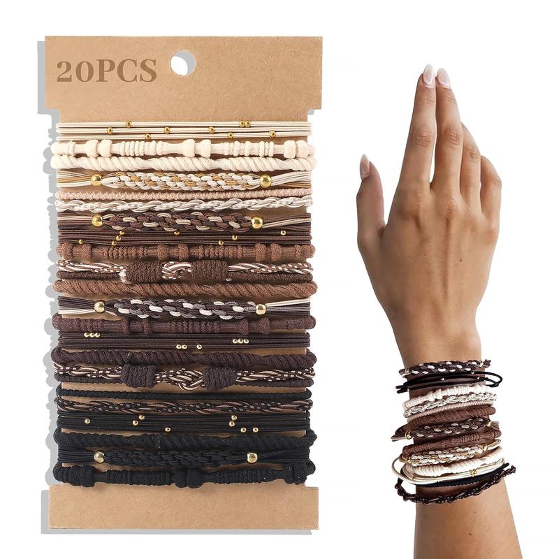 20 PCS Boho Hair Ties for Thick or Thin Hair, 5 Styles Ponytail Holders, No-Damage, Neutral Color