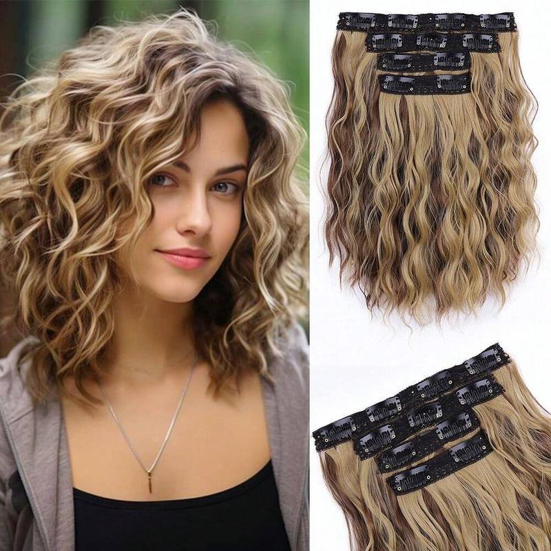 4pcs Short Water Wave Curly Clip-In Hair Extensions, Brown Ombre Synthetic Hair Pieces for Volume and Length, Ideal for Daily Wear