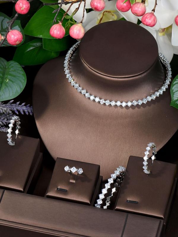 Women's Elegant Rhinestone Decorated Jewelry Set, Exquisite Trendy Necklace & Bracelet & Earrings & Ring, Fashionable Jewelry Set for Party Decoration