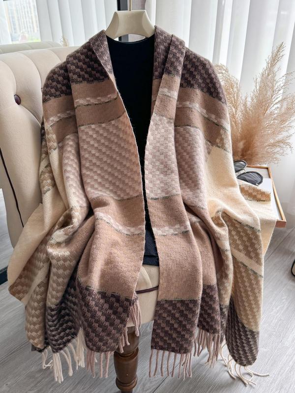 Women's Plaid Pattern Tassel Decor Shawl, Casual Soft Warm Thick Scarf for Fall & Winter, Fashion Accessories for Daily Wear