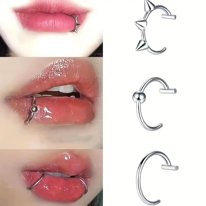 Hip Hop Style Stainless Steel Clip On Nose Ring Set - Fake Lip Piercing Jewelry Decoration