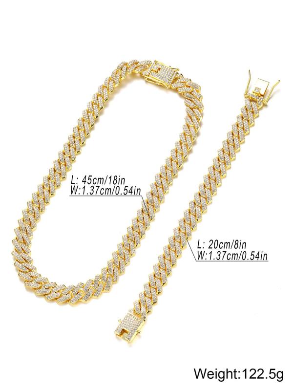 Punk Style Rhinestone Decor Cuban Chain Necklace & Link Bracelet, 2024 New Style Boys & Girls, Hip Hop Chunky Curb Chain Jewelry Set, Unisex Clothing Decor