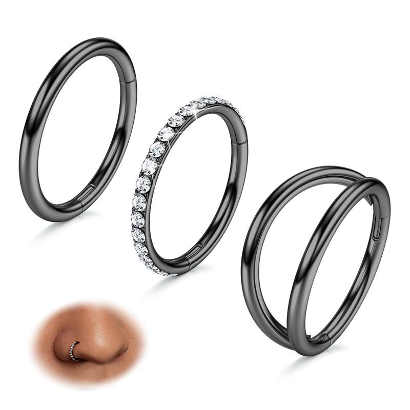 BodyBonita 3 Counts 316L Surgical Steel Double Hoop Nose Rings -16G 18G 20G Nose Rings Hoops Hinged CZ Septum Lip Rings Clicker Conch Piercing Jewelry  Helix Rook Tragus Daith Cartilage Earring  Gold Silver Black Rose Gold 7mm 8mm 9mm 10mm