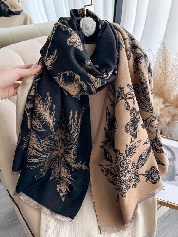 Women's Floral Print Double Sided Shawl, Elegant Boho Style Casual Warm Long Scarf for Fall & Winter, Fashion Accessories for Daily Wear