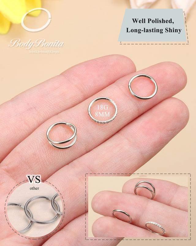 BodyBonita 3 Counts 316L Surgical Steel Double Hoop Nose Rings -16G 18G 20G Nose Rings Hoops Hinged CZ Septum Lip Rings Clicker Conch Piercing Jewelry  Helix Rook Tragus Daith Cartilage Earring  Gold Silver Black Rose Gold 7mm 8mm 9mm 10mm