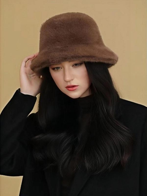 Solid Color Faux Fur Bucket Hat, Casual Thick Windproof and Cold Proof Plush Basin Hat, Cute and Fashionable Princess Style Plush Bucket Hat