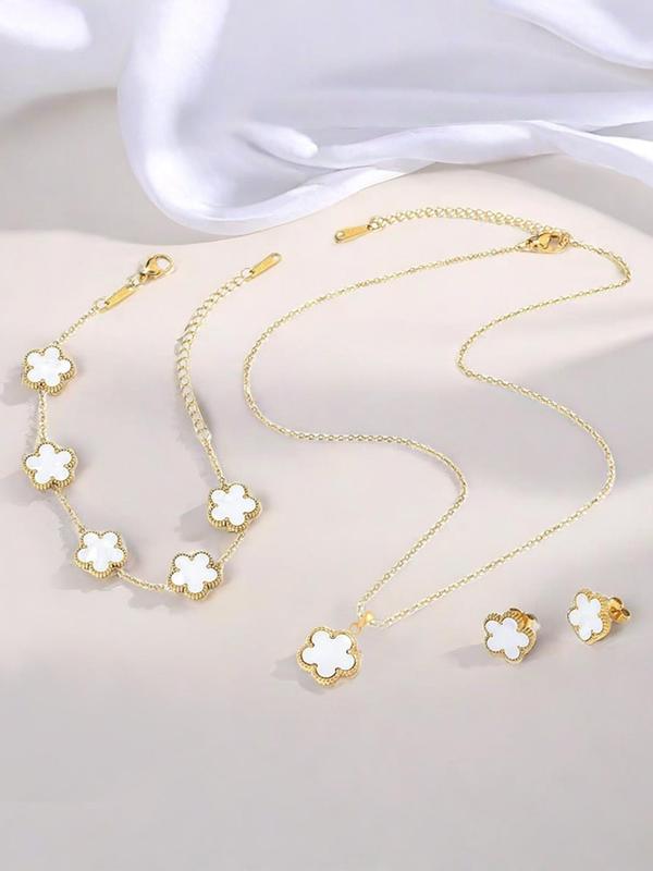 Flower Design Jewelry Set, Including Necklace & Bracelet & Earrings, Elegant Jewelry Set for Women & Girls, Trendy All-match & Exquisite Jewelry Set for  Gift