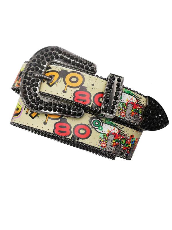 Punk Style Rhinestone Decorated Belt, Fashion Letter & Pop Art Print Pu Leather Belt for Men, Fashion Belt for Party, Daily Clothing Decor, Trendy All-match & Exquisite Belt for Birthday Gift