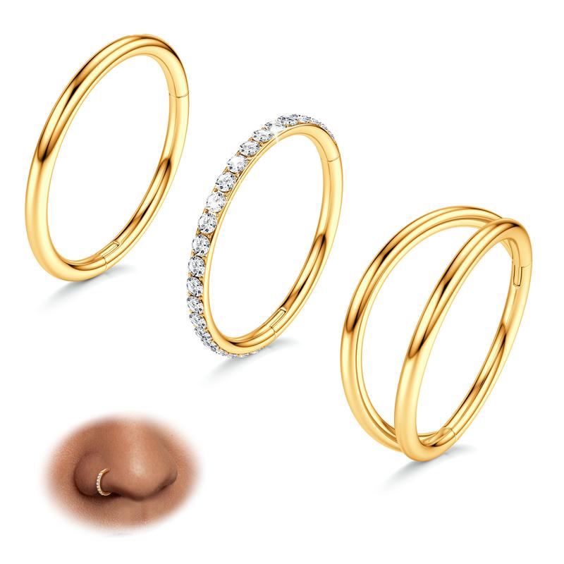 BodyBonita 3 Counts 316L Surgical Steel Double Hoop Nose Rings -16G 18G 20G Nose Rings Hoops Hinged CZ Septum Lip Rings Clicker Conch Piercing Jewelry  Helix Rook Tragus Daith Cartilage Earring  Gold Silver Black Rose Gold 7mm 8mm 9mm 10mm