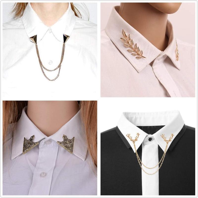 Double Link Chains, Retro Hollow Pattern and Angle Triangle Tassels Collar Pins Brooch Clip Pin Brooches Shirt Collar Decoration Parts with Free Box