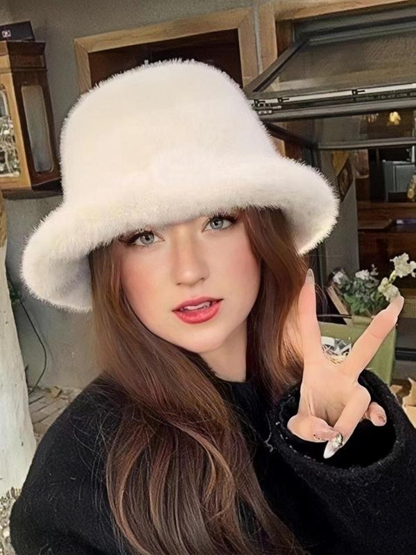 Solid Color Faux Fur Bucket Hat, Casual Thick Windproof and Cold Proof Plush Basin Hat, Cute and Fashionable Princess Style Plush Bucket Hat