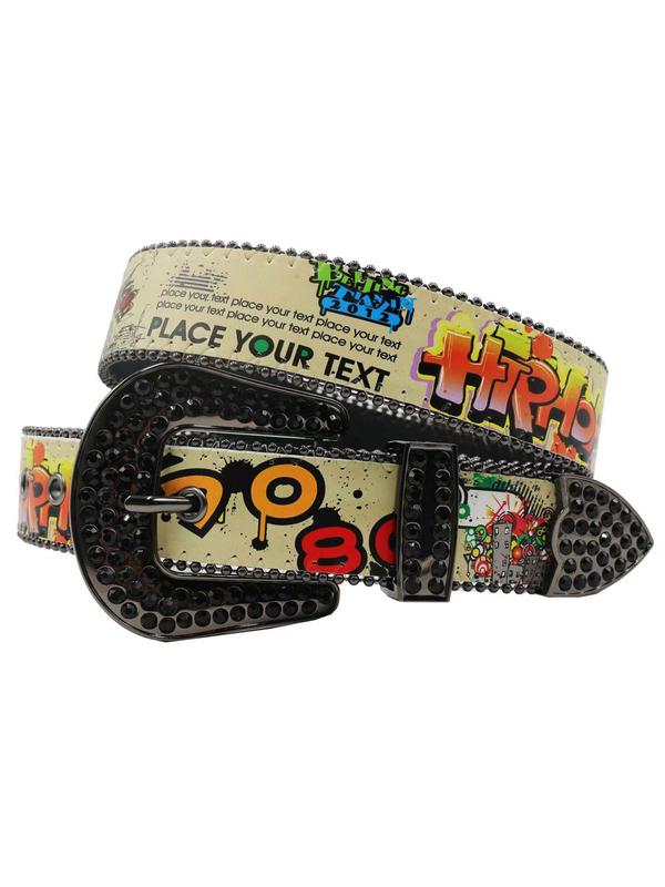 Punk Style Rhinestone Decorated Belt, Fashion Letter & Pop Art Print Pu Leather Belt for Men, Fashion Belt for Party, Daily Clothing Decor, Trendy All-match & Exquisite Belt for Birthday Gift