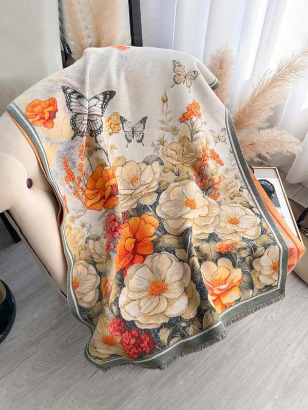 Women's Floral & Butterfly Print Shawl, Elegant Soft Warm Thickened Scarf for Fall & Winter, Fashion Accessories for Daily Wear