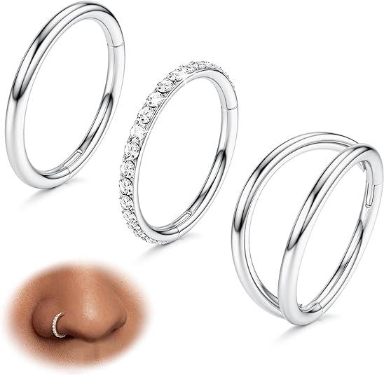 BodyBonita 3 Counts 316L Surgical Steel Double Hoop Nose Rings -16G 18G 20G Nose Rings Hoops Hinged CZ Septum Lip Rings Clicker Conch Piercing Jewelry  Helix Rook Tragus Daith Cartilage Earring  Gold Silver Black Rose Gold 7mm 8mm 9mm 10mm