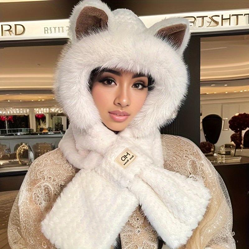 Winter Warm Hooded Scarf, Elastic Thick Neck Warmer, Cartoon Ears, Fluffy Plush Girl's Cap, Cute Animal Design Cross Scarf