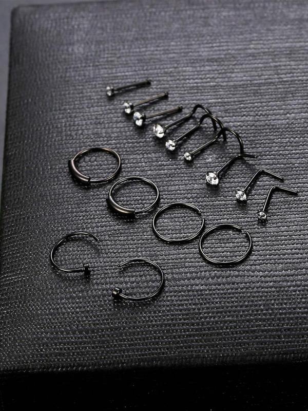 15pcs set Rhinestone Decor Nose Ring, Punk Style Stainless Steel Body Piercing Jewelry for Parties, Daily Decor, Body Jewelry for Women & Men, Clean Girl Jewelry