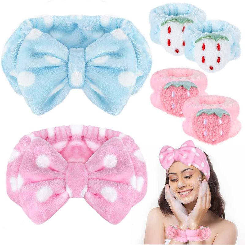 6 count Face Wash Headband and Wristband Set, Soft Spa Headband Cute Absorbent Wrist Towels for Washing Face Skincare Makeup Stocking Stuffers(Pink,  Blue)