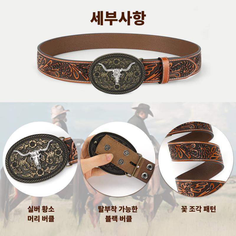 JASGOOD Western Cowboy Belt for Men Bull Buckle Belt Womens Western Floral Engraved Leather Belts for Jeans men dress