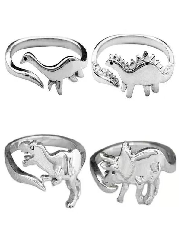 4pcs Cute Dinosaur Design Cuff Ring For Daily Decoration, Animal Theme Alloy Ring For Boy & Girl, Fashion Accessories For Daily Wear